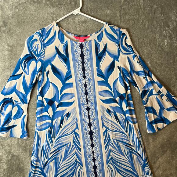 Lilly Pulitzer Shift Dress‎ Blue Palm Print with Bell Sleeves Sz XS - Picture 2 of 7